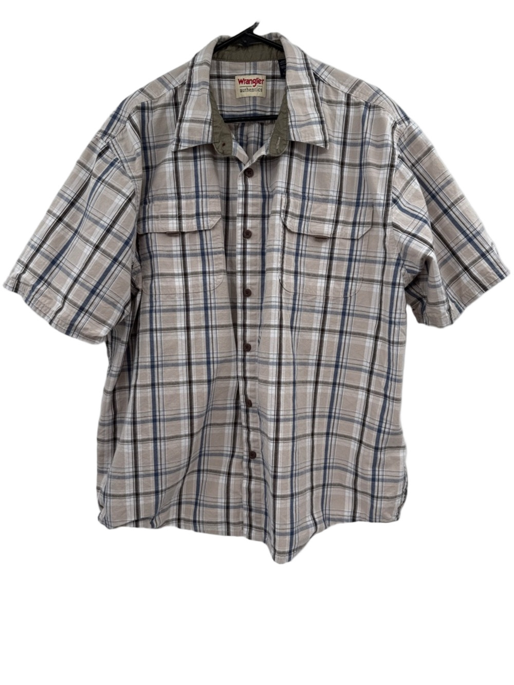 Wrangler Authentics Beige and Blue Plaid Short-Sleeve Button-Down Shirt Size 2XL